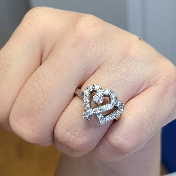 Vintage Sterling Silver Crystal Double Heart Ring 6.25 - Picture 10 of 13